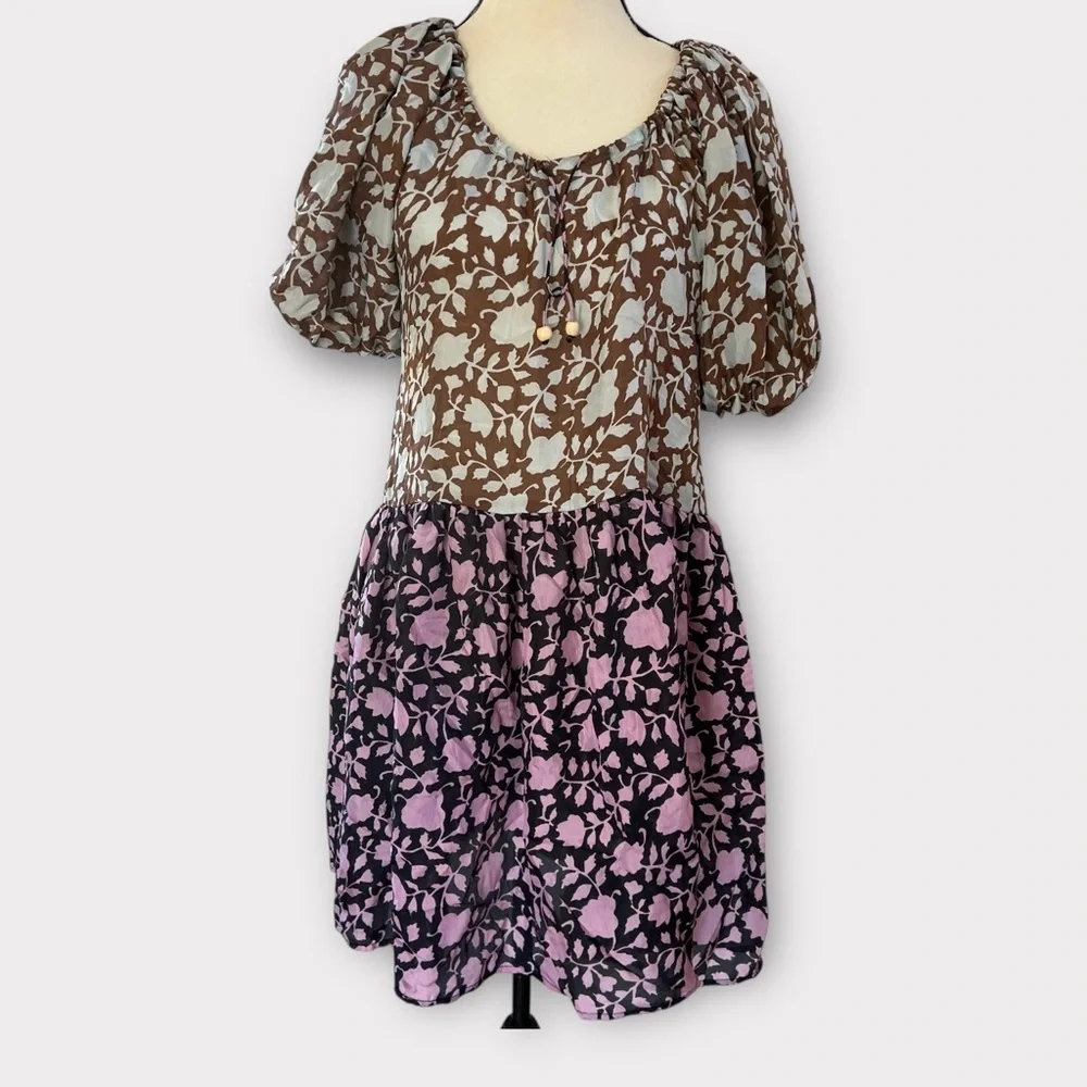 Hannah Chiara mixed print silk puff sleeve dress